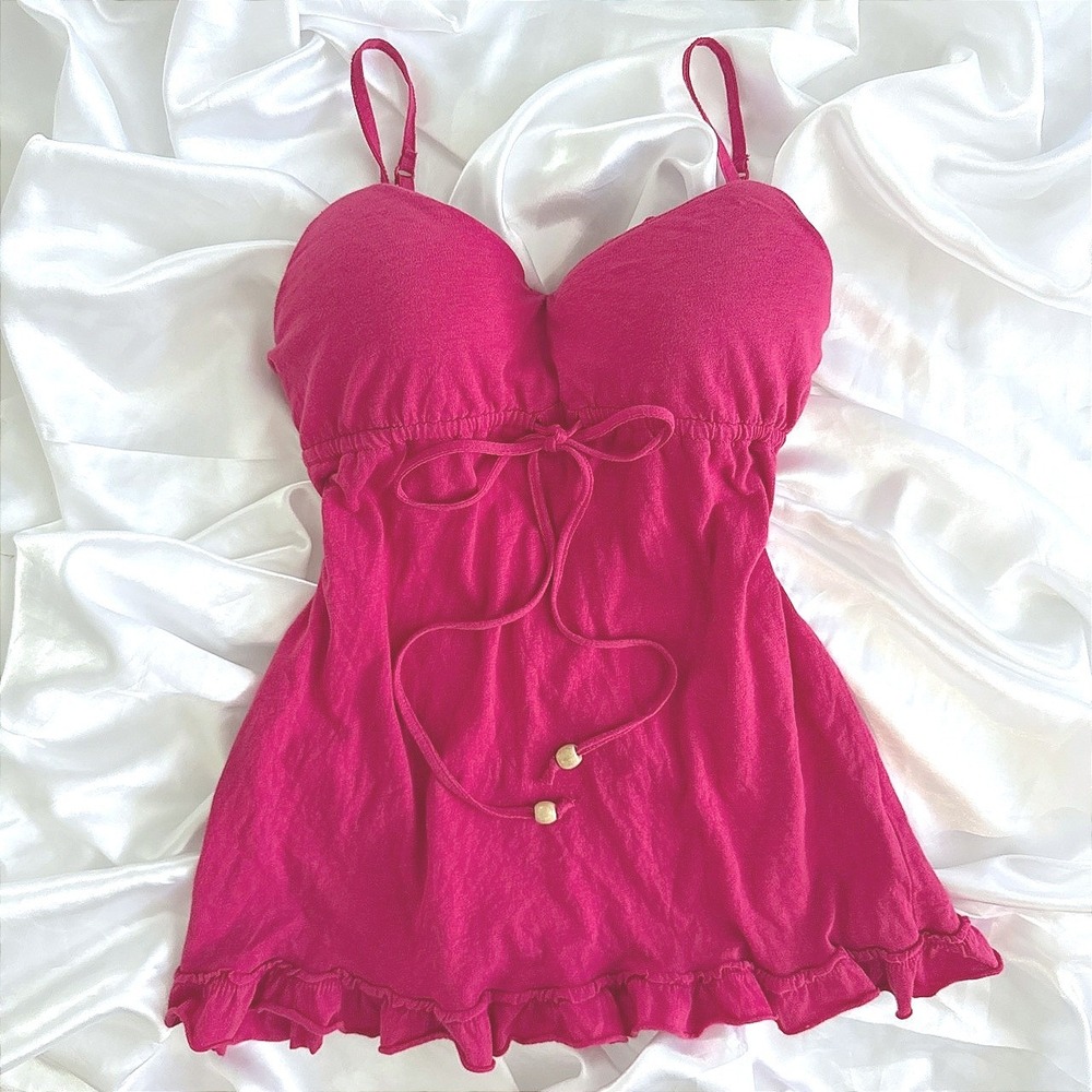LEI Hot Pink Babydoll Cami Top Y2K Ruffle Hem Padded Cotton Large